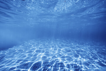 Wall Mural - underwater photo blue background panorama ocean surface and bottom of the sea