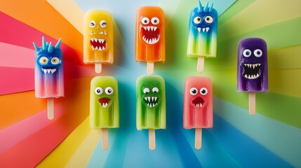 Poster - Row of colorful ice pops with monster faces on them. The ice pops are arranged in a rainbow pattern, with each one having a different color and monster design. Scene is playful and fun