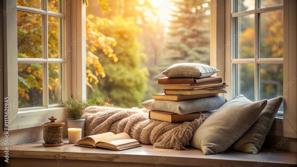 Cozy reading nook by a window with plush cushions, blankets, and a ...