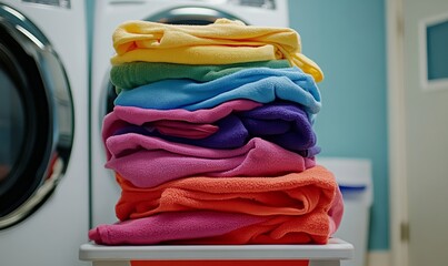 Poster - Stack of colorful towels on a table. The towels are of different colors and sizes. Concept of warmth and comfort, as the towels are likely to be used for drying off after a bath or shower