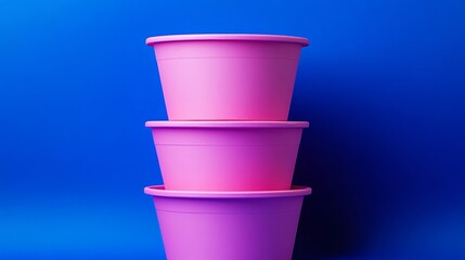 Poster - Three pink plastic bowls stacked on top of each other. The bowls are pink and the background is blue