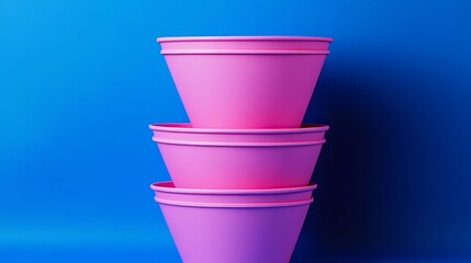 Poster - Three pink bowls stacked on top of each other. The bowls are made of plastic and are placed on a blue background