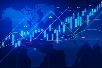 Poster - Worldwide economy growth concept with blue glowing digital rising candlestick and diagram on dark technological background with world map silhouette. 3D rendering