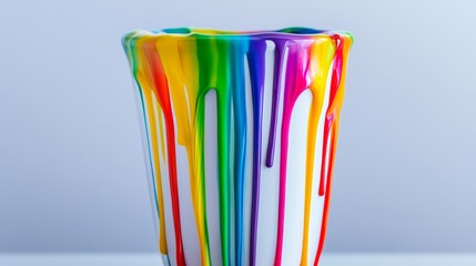 Poster - Cup of paint with rainbow colors splattered on it. The colors are bright and vibrant, creating a sense of energy and excitement. The cup is sitting on a table