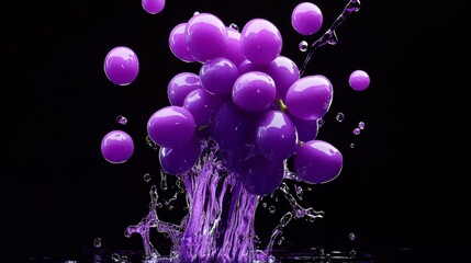 Poster - Bunch of purple balloons floating in the air. The balloons are surrounded by water, creating a splash effect. Concept of fun and playfulness, as the balloons seem to be dancing in the water