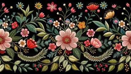  Seamless embroidery floral pattern featuring delicate flowers and foliage, embroidery, seamless, floral, pattern, flowers
