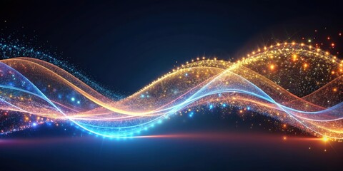 Wall Mural - Abstract render of curved and waves shape with light particles effects, curved, waves, shape, light, particles, effects