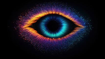 Poster - Human and futuristic learning concept. An abstract representation of an eye with vibrant colors and light effects on a dark background.