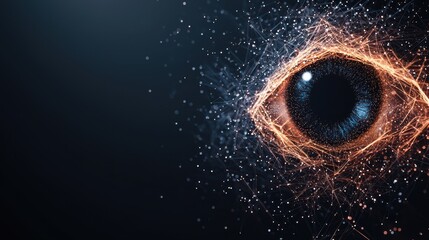 Poster - Human and futuristic learning concept. Eye formed from glowing particles against a dark background, symbolizing perception and technology.