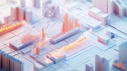 Wall Mural - A digital cityscape showcases data visualizations and trends, highlighting financial metrics and urban development through vibrant, colorful graphics.