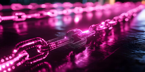 Aufkleber - A glowing pink chain illuminated on a reflective surface, creating a vibrant visual effect.