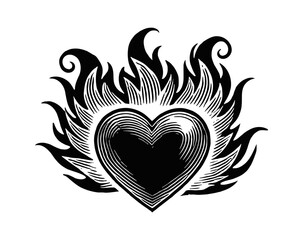 Wall Mural - love shape fire burning engraving black and white outline