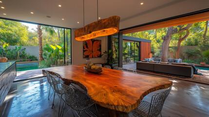 Wall Mural - A modern artistic dining room with natural elements and a view of greenery