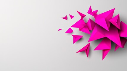 Poster - Pink triangles scattered across a white background. The pink triangles are arranged in a way that creates a sense of movement and energy. The image has a playful and dynamic feel to it