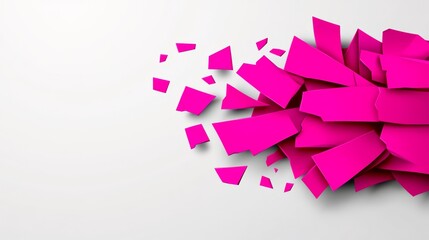 Poster - Pink and white background with pink and white pieces of paper scattered all over it. The image has a sense of chaos and destruction