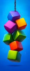 Poster - Colorful stack of cubes hanging from a chain. The cubes are of different colors and sizes, and they are arranged in a way that they look like they are about to fall. The image has a playful