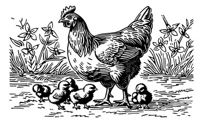 Wall Mural - hen and little chick engraving black and white outline