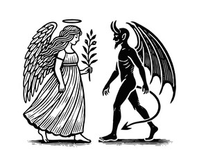 Wall Mural - angel holding leaf and demon engraving black and white outline
