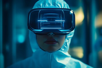 Poster - A person wearing a futuristic VR headset in a high-tech environment.
