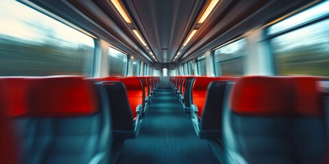 Poster - Interior of a modern train carriage. The blurred effect gives a sense of motion. Red seats contrast with the sleek design. Ideal for travel-themed projects. AI