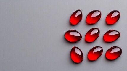 Poster - Row of red pills are arranged in a pattern on a grey background. The pills are all the same size and shape, and they are all red. Concept of uniformity and order