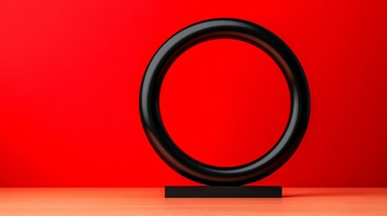 Poster - Black circle is on a red background. The circle is the only object in the image. The red background creates a bold and striking contrast with the black circle, drawing attention to the circle
