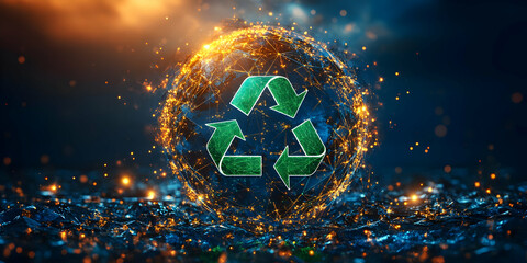 Poster - A glowing globe with a green recycling symbol, emphasizing environmental sustainability.