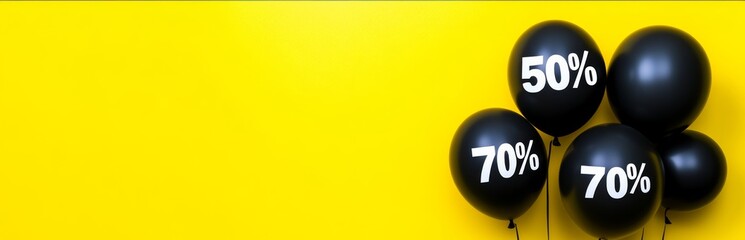Poster - Yellow background with black balloons with the numbers 50 and 70 on them. The balloons are arranged in a way that they look like they are floating in the air