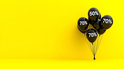 Poster - Yellow background with black balloons with the numbers 50 and 70 on them. The balloons are arranged in a way that they look like they are floating in the air