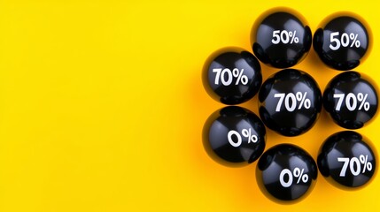 Poster - Yellow background with black balloons with the numbers 50 and 70 on them. The balloons are arranged in a way that they look like they are floating in the air