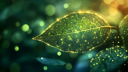 Poster - A glowing leaf with sparkling details against a blurred background of green hues.
