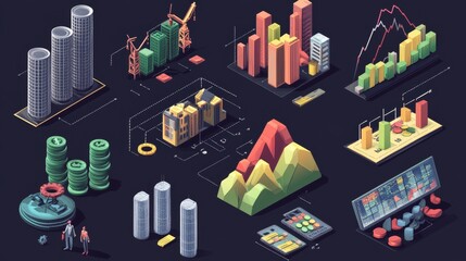 Wall Mural - A vibrant, isometric illustration of various graphs, charts, and data visualizations depicting financial growth and analysis.