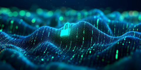 Poster - Abstract digital landscape featuring a padlock symbolizing cybersecurity and data protection.