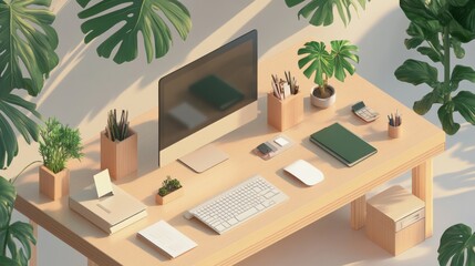 Wall Mural - A modern workspace with a wooden desk, computer, stationery, and various plants, creating a fresh and inviting atmosphere.