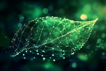 Poster - A digital representation of a leaf composed of glowing nodes and lines, symbolizing nature and technology.