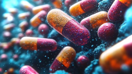 Poster - Collection of antiviral capsules floating in liquid environment showcasing vivid colors