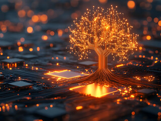 Poster - A glowing tree emerging from a circuit board, symbolizing the fusion of nature and technology.