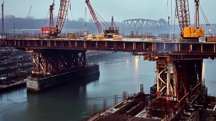 Wall Mural - A large bridge under construction, with cranes lifting massive steel beams into place. Workers weld the segments together as the framework begins to take shape over a wide river.