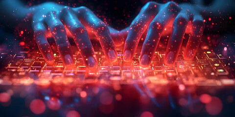 Poster - Hands typing on a glowing keyboard, creating a digital atmosphere with vibrant colors.
