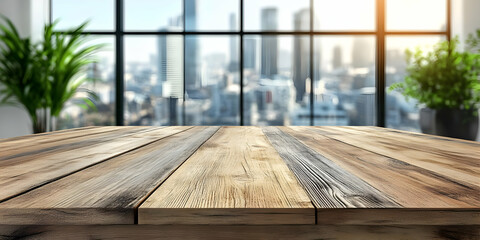 Poster - A wooden table in front of a large window overlooking a city skyline at sunset.