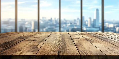 Poster - A wooden table in front of large windows with a city view.