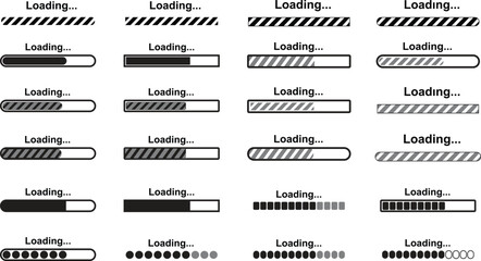 Loading bar icons set. Loading bar progress icons, load sign vector illustration isolated on transparent backgrounds. System software update and upgrade concept load sign. Download progress icons.