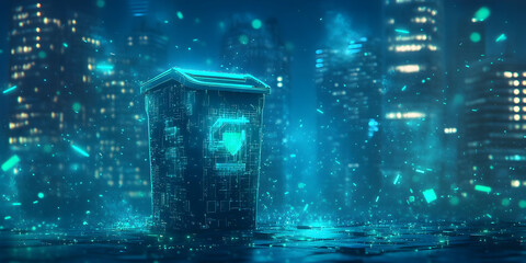 Poster - A futuristic scene featuring a glowing, high-tech structure in a cityscape at night.