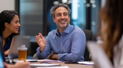 Poster - Business professionals engage in productive meeting while sharing ideas in modern office space during working hours