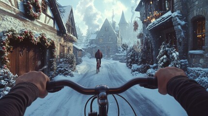 Poster - Riding a bike in a snow-covered village, surrounded by cozy cottages and tall trees. The bright sky and fluffy clouds create a magical winter atmosphere, perfect for outdoor adventure.