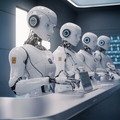 Poster - Futuristic humanoid robots working collaboratively in a high-tech environment, showcasing advanced technology and design.