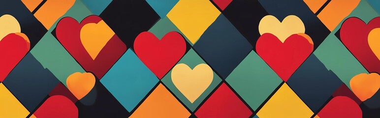 Poster - Seamless pattern with heart and diamond shapes in red, blue, green, and yellow colors. Simple geometric background for design of packaging paper or textile fabric