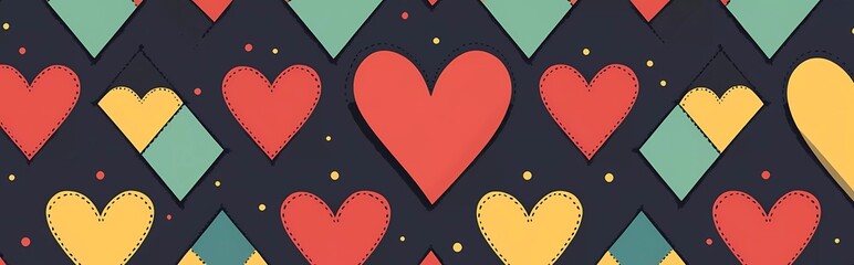 Poster - Seamless pattern with heart and diamond shapes in red, blue, green, and yellow colors. Simple geometric background for design of packaging paper or textile fabric