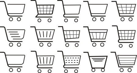 Aufkleber - Shopping cart icon set, empty shopping cart symbol, shop and sale, black vector vector collection isolated on transparent background. Web store shipping cart. Internet shop buy logo sign.