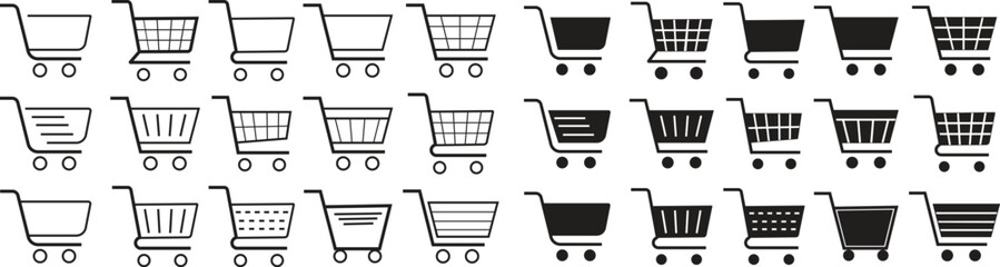 Aufkleber - Shopping cart icon set, Full and empty shopping cart symbol, shop and sale, black vector vector collection isolated on transparent background. Web store shipping cart. Internet shop buy logo sign.